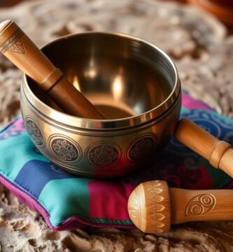 Tibetan singing bowl set with mallet and cushion