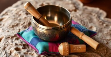 Tibetan singing bowl set with mallet and cushion