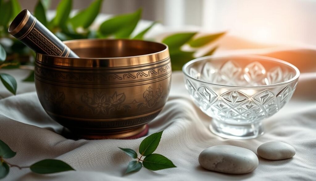 Tibetan singing bowl set with crystal bowl