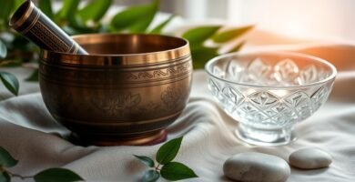 Tibetan singing bowl set with crystal bowl