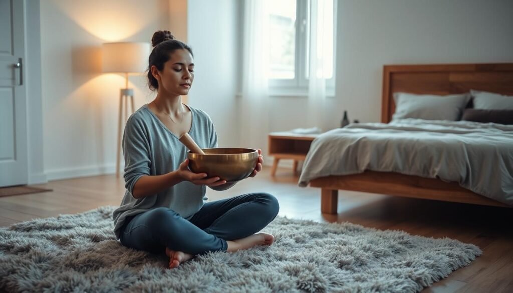 A calming and serene bedroom scene with a person sitting cross-legged on a plush rug, holding a bronze singing bowl and gently striking it with a wooden mallet. Soft, warm lighting from a bedside lamp and a tall window, casting a gentle glow on the scene. The person's face is relaxed, eyes closed, as they focus on the soothing, resonant tones of the singing bowl. In the background, a minimalist wooden nightstand and a cozy bed with soft, neutral-colored bedding, creating a peaceful, sleep-inducing atmosphere. The overall mood is one of tranquility, mindfulness, and preparation for a restful night's sleep.