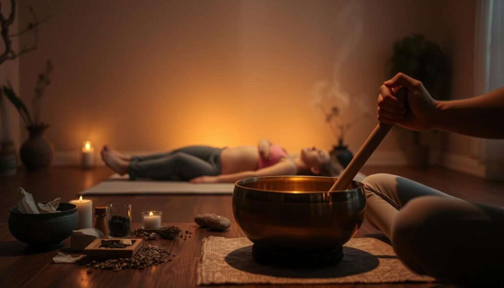 A peaceful, dimly lit room with a serene, meditative atmosphere. In the foreground, a skilled practitioner delicately plays a singing bowl, the soft, resonant tones filling the space. Surrounding the bowl are various natural elements like crystals, incense, and calming herbs. In the middle ground, a person lies comfortably on a cushioned mat, their eyes closed, deeply immersed in the soothing vibrations. The background features a subtle, hazy gradient, creating a sense of depth and tranquility. Warm, soft lighting bathes the scene, conveying a sense of relaxation and healing. The overall composition evokes a profound experience of sound therapy for sleep.