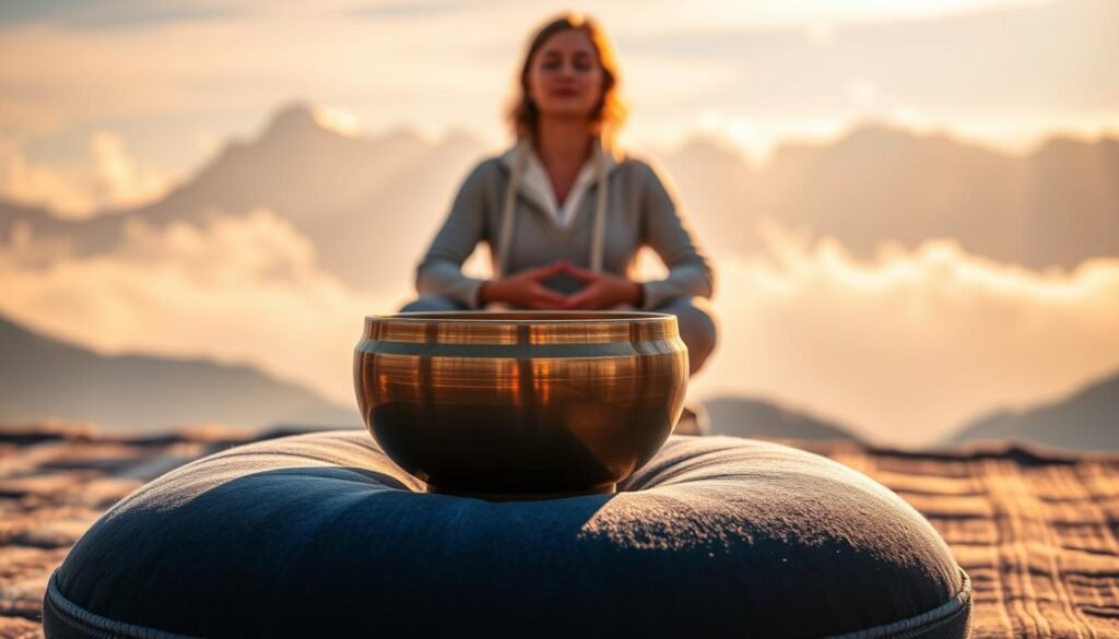 A serene Tibetan singing bowl rests on a plush, indigo-colored cushion in the foreground, its polished bronze surface gleaming under warm, soft lighting. In the middle ground, a person sits cross-legged, their eyes closed in deep meditation, palms gently resting on their lap. The background depicts a tranquil Himalayan landscape, with snow-capped peaks and wisps of mist drifting through a golden-hued sky. The overall atmosphere is one of profound stillness and inner calm, inviting the viewer to a moment of restorative reflection.