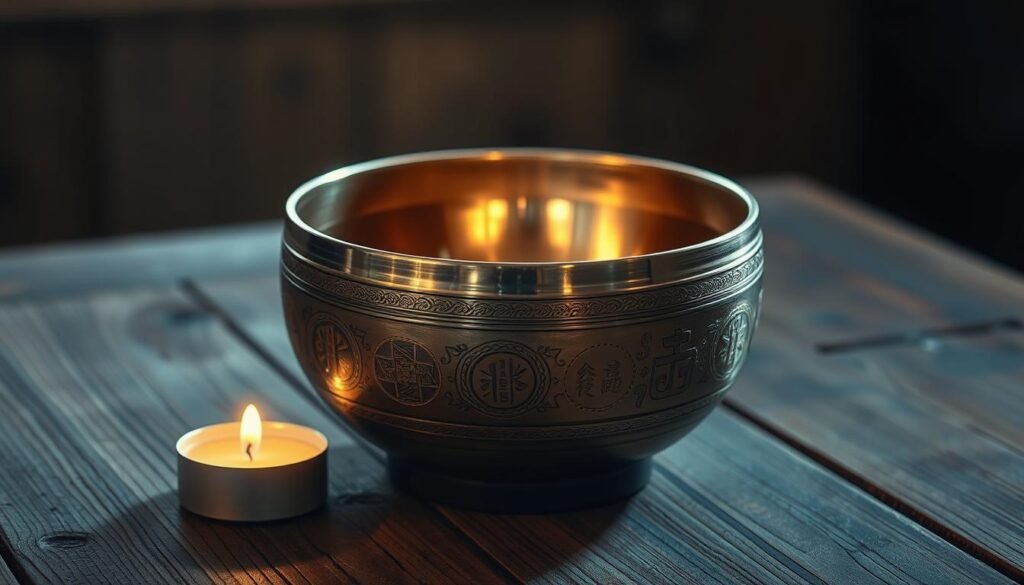 A serene Tibetan singing bowl rests upon a weathered wooden table, its burnished bronze surface reflecting the warm glow of a single candle flickering nearby. The bowl's intricate patterns and symbols are etched with precision, hinting at the ancient traditions it embodies. Soft, ambient lighting bathes the scene, creating a tranquil atmosphere, inviting the viewer to find solace and focus their senses on the soothing vibrations that will soon emanate from the bowl. The composition is balanced, with the bowl positioned centrally, allowing it to take center stage as the focal point of this calming, meditative setting.