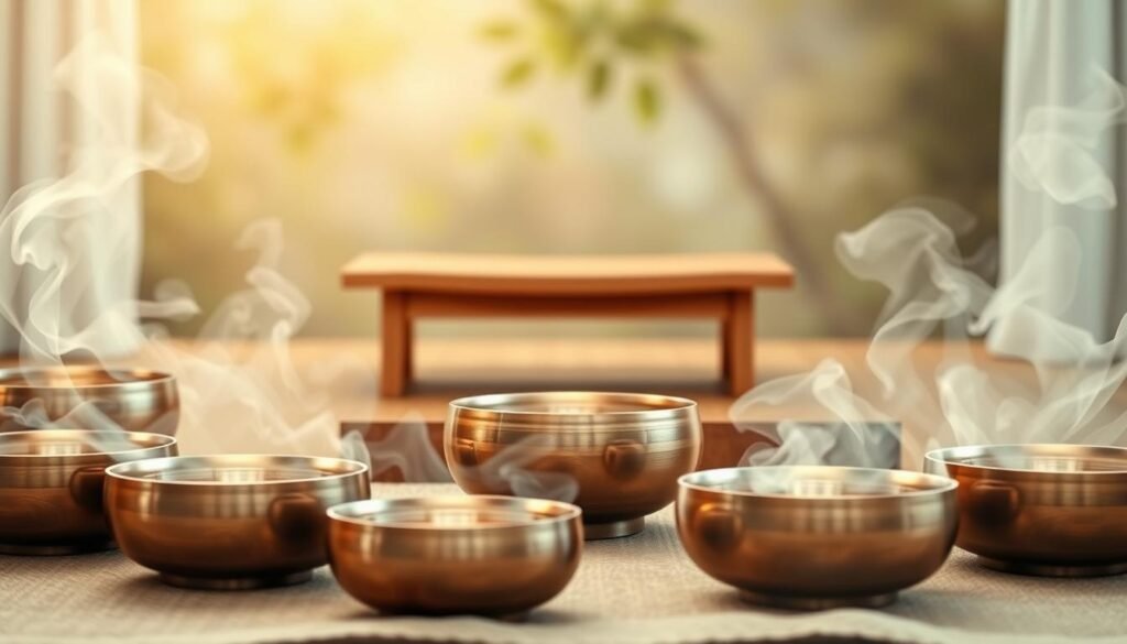 A serene and calming scene of healing vibrations emanating from a collection of Tibetan singing bowls. The bowls are arranged in the foreground, their metallic surfaces reflecting soft, warm lighting. Mist-like energy fields swirl around the bowls, pulsing with a soothing, therapeutic rhythm. In the middle ground, a simple yet elegant wooden table provides a grounding surface, while the background depicts a tranquil, nature-inspired environment with soft, blurred foliage. The overall atmosphere is one of deep relaxation, inviting the viewer to immerse themselves in the restorative power of the singing bowls.