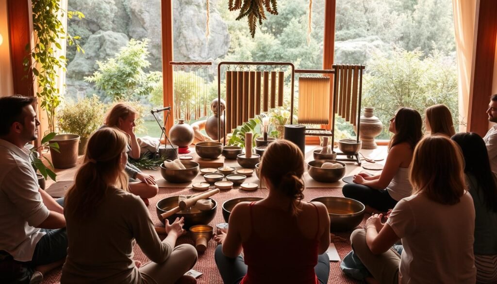 A serene and tranquil scene of a holistic sound healing event, bathed in soft, warm lighting. In the foreground, a group of people sitting in a circle, eyes closed, as they immerse themselves in the soothing vibrations of singing bowls. The middle ground features an array of various sound healing instruments, including chimes, gongs, and crystals, arranged with care and intention. In the background, a lush, natural setting with calming, earthy tones and gentle foliage, creating a nurturing and grounding atmosphere. The overall mood is one of deep relaxation, inner reflection, and a profound connection to the healing power of sound.