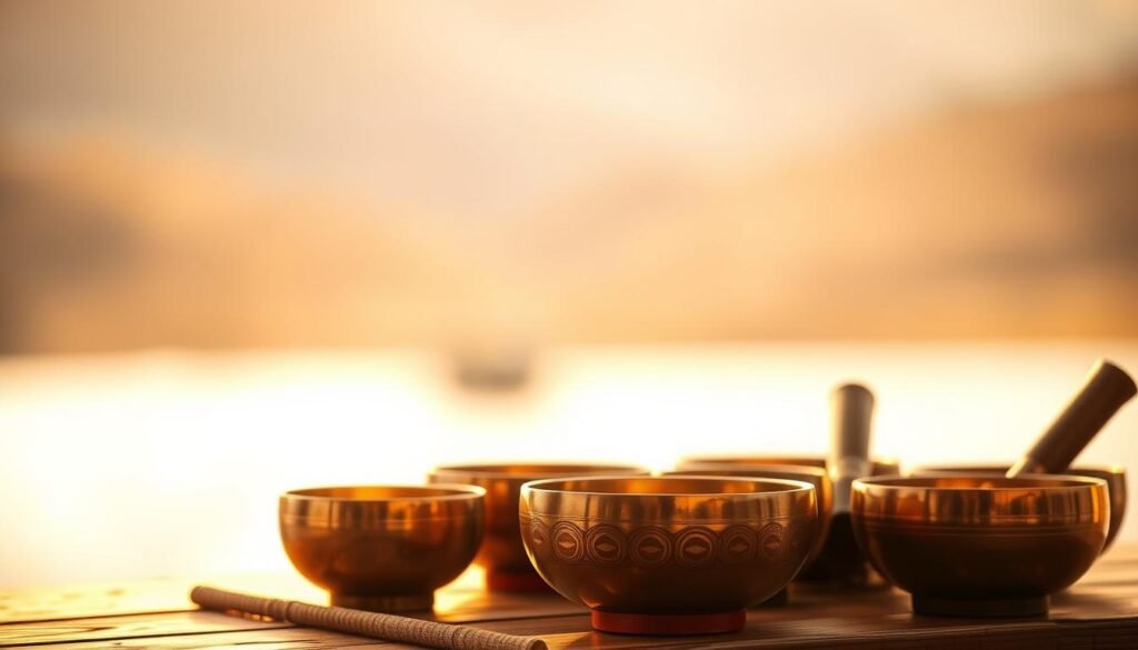 A serene and tranquil scene of several singing bowls arranged on a wooden surface, bathed in warm, soft lighting. The bowls, crafted from polished bronze, gleam subtly, their intricate patterns and textures visible. In the background, a blurred, calming landscape with muted hues evokes a sense of peace and relaxation. The overall atmosphere is one of stillness and meditation, perfectly suited for sleep and sound healing.