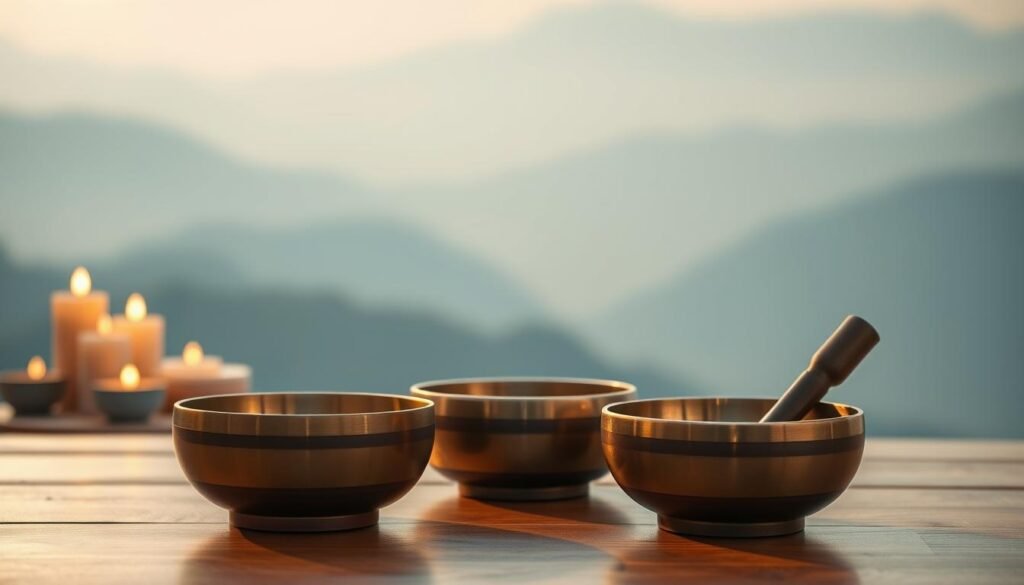 A serene and tranquil scene of singing bowls arranged in a meditative setting. In the foreground, three exquisite Tibetan singing bowls in various sizes and colors sit atop a wooden table, their surfaces reflecting the soft, warm lighting. The middle ground features a calming, blurred background with the silhouettes of candles and incense, creating a sense of atmosphere and ambiance. The background is a hazy, ethereal landscape, evoking a peaceful, otherworldly vibe. The overall mood is one of introspection, serenity, and emotional healing, inviting the viewer to experience the soothing vibrations of the singing bowls.