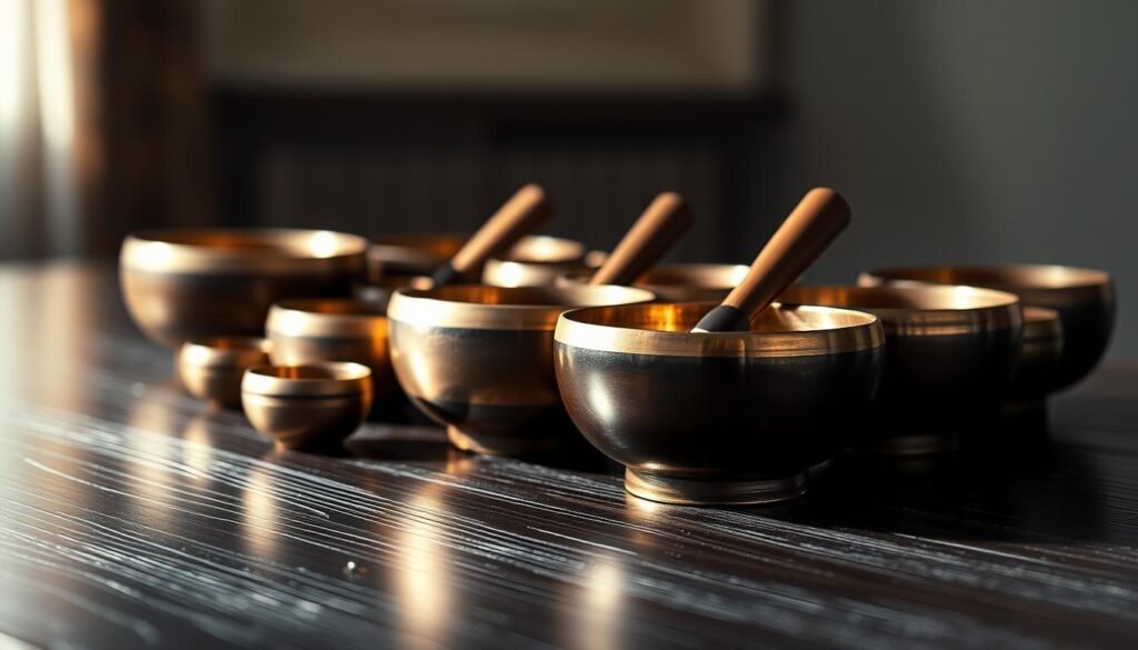 A serene arrangement of Tibetan singing bowls resting on a dark, polished wooden surface. The bowls, in varying sizes and tones, are illuminated by soft, diffused lighting, casting gentle shadows and highlights that accentuate their intricate textures and elegant curves. The background is blurred, creating a tranquil, meditative atmosphere, allowing the bowls to be the central focus. The overall composition evokes a sense of harmony, inviting the viewer to experience the calming and restorative properties of the Tibetan singing bowls.