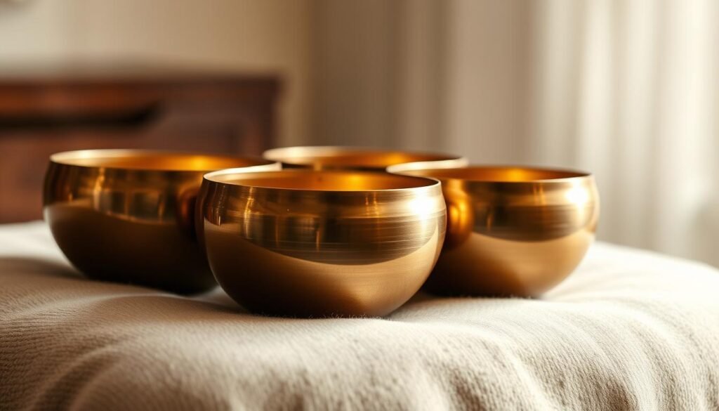 A serene arrangement of Tibetan singing bowls resting on a soft, earthy surface. The bowls are crafted from bronze, their surfaces polished to a warm, glowing sheen. Subtle shadows and highlights accentuate their elegant, curved forms, inviting the viewer to imagine the soothing, resonant tones they can produce. The lighting is soft and diffused, creating a calming, contemplative atmosphere. The background is hazy and indistinct, allowing the bowls to take center stage and captivate the viewer's attention. This image perfectly encapsulates the meditative essence of Tibetan singing bowls and their role in promoting relaxation and inner peace.