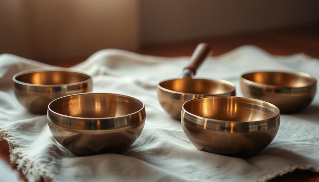 A serene arrangement of Tibetan singing bowls resting on a soft, linen cloth. The bowls, in varying sizes and shimmering hues of bronze and gold, are positioned thoughtfully, their rims reflecting the warm lighting from above. The scene is captured with a shallow depth of field, drawing the viewer's eye to the delicate textures and intricate details of the bowls. An atmosphere of tranquility and healing pervades the frame, inviting the viewer to imagine the soothing vibrations and calming tones that could emanate from these sacred instruments.