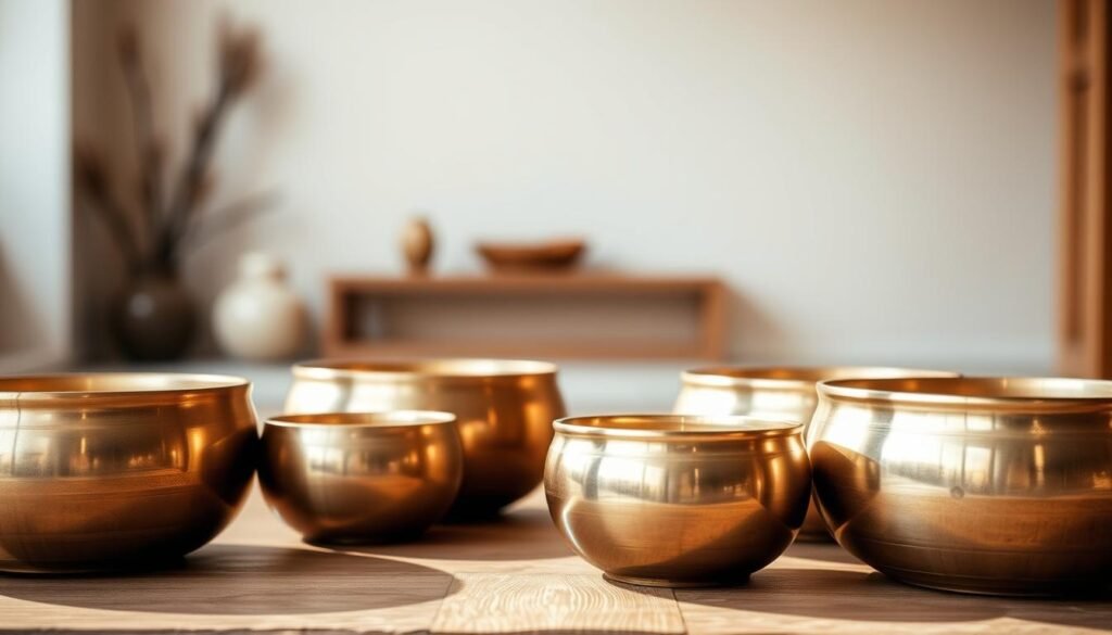 A serene arrangement of Tibetan singing bowls rests on a wooden table, their polished bronze surfaces reflecting the warm, diffused lighting. In the background, a minimalist, zen-inspired space with muted tones and natural textures creates a calming atmosphere, inviting contemplation and healing. The bowls are positioned with care, their subtle variations in size and shape emphasizing their unique sonic properties. A soft, diffused glow emanates from the bowls, hinting at the soothing vibrations they can produce. This scene evokes a sense of tranquility and restoration, perfectly capturing the restorative power of Tibetan singing bowls for trauma healing.