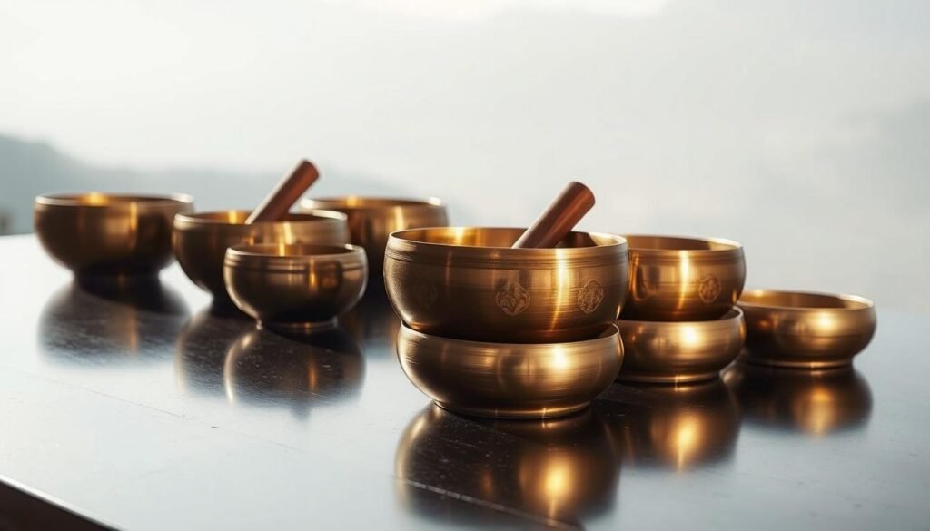 A serene arrangement of gleaming singing bowls resting on a dark, polished surface. The bowls, in a range of sizes and tones, are positioned with care, their surfaces catching the soft, diffused light from above. The scene exudes a sense of tranquility and focus, inviting the viewer to imagine the calming reverberations these instruments might produce. In the background, a hazy, indistinct landscape suggests a meditative, secluded setting, further emphasizing the soothing atmosphere. The overall composition conveys a sense of harmony and the potential for these singing bowls to facilitate a restful, restorative sleep experience.