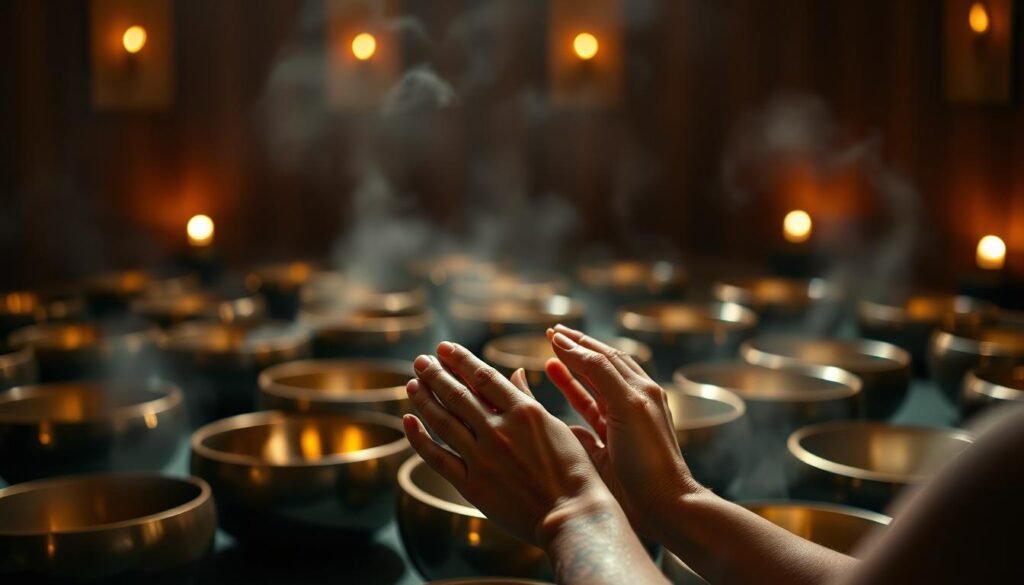 A serene, dimly lit room filled with an array of antique-style bronze singing bowls of various sizes, arranged in a meditative circle. The bowls are gently illuminated by soft, warm lighting, casting a gentle glow and creating an atmosphere of tranquility. In the foreground, a person's hands delicately strike and caress the bowls, coaxing out their soothing, resonant tones that seem to reverberate through the space. The background is blurred, focusing the viewer's attention on the sensory experience of the singing bowl therapy. Subtle mist or steam adds to the calming, otherworldly ambiance.