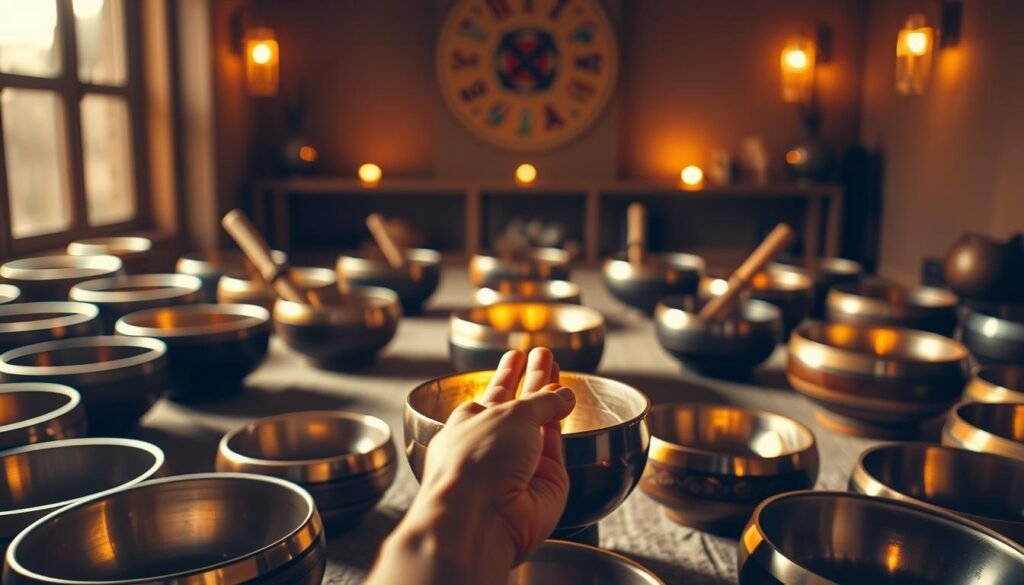 A serene, dimly lit room filled with an array of polished singing bowls of various sizes, shapes, and materials, arranged in a meditative circle. The bowls emit a soft, otherworldly glow, bathed in warm, ambient lighting that casts gentle shadows across the scene. In the foreground, a single hand delicately strikes one of the bowls, sending rippling vibrations through the air, inviting the viewer to experience the calming, restorative power of sound healing. The overall atmosphere is one of tranquility, relaxation, and a sense of inner balance.