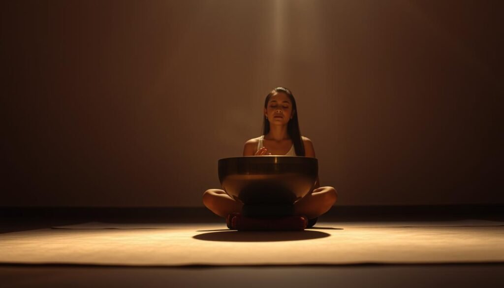A serene, dimly lit room with a Tibetan singing bowl at the center, casting a warm, golden glow. Soft, ambient lighting illuminates the space, creating a calming, meditative atmosphere. In the foreground, a person sits cross-legged, their eyes closed, hands gently resting on their lap as they bask in the resonant hum of the bowl. The background features muted, soothing tones, with subtle textures that evoke a sense of tranquility and introspection. The overall scene conveys a therapeutic, healing experience, where the power of sound is used to soothe the mind and restore inner balance.
