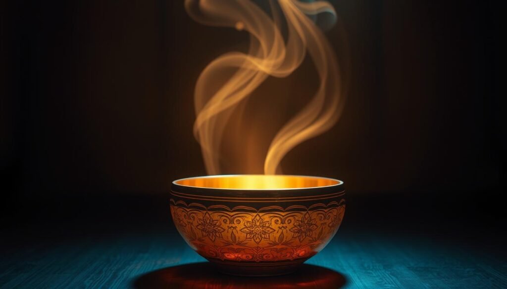 A serene, dimly lit room with a glowing, metallic singing bowl at the center. Soft, warm lighting casts an ethereal glow, highlighting the bowl's intricate patterns and textures. In the background, wispy, translucent energy waves emanate from the bowl, symbolizing the emotional healing and calming resonance of sound therapy. The overall atmosphere is one of tranquility, introspection, and the soothing power of sound to alleviate negative emotions and restore inner balance.