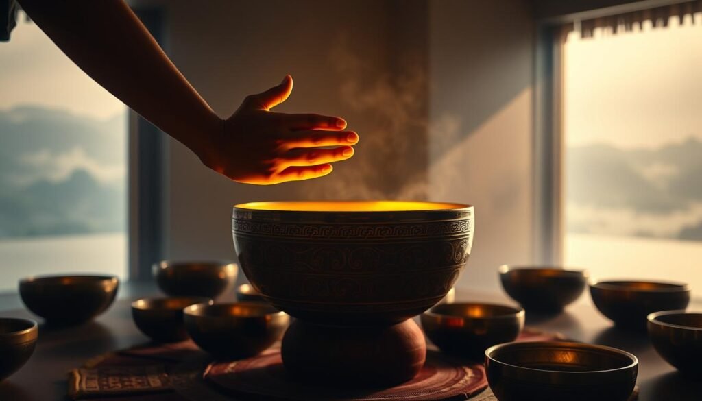 A serene, dimly lit room with a glowing, ornate singing bowl at the center. Warm, diffused lighting illuminates the intricate details of the bowl, casting soft shadows across the surface. In the foreground, a person's hands gently strike the rim, creating mesmerizing, resonant tones that fill the space. The middle ground features additional singing bowls, arranged in a meditative formation, their surfaces reflecting the ambient light. In the background, a hazy, atmospheric landscape suggests a tranquil, otherworldly setting, encouraging deep focus and contemplation. The overall scene evokes a sense of healing, clarity, and the soothing power of sound.