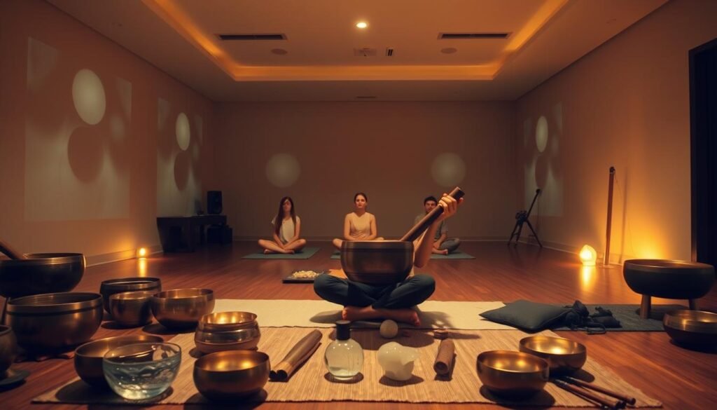 A serene, dimly lit studio space with warm, diffuse lighting casting a soft glow. In the foreground, a skilled practitioner sits cross-legged, holding a large Tibetan singing bowl, their hands gently striking the rim to produce a soothing, resonant tone. Surrounding them, an array of crystal bowls, chimes, and other sound healing instruments are arranged with intention. In the middle ground, a small group of participants sit or lie on meditation cushions, their eyes closed as they immerse themselves in the holistic soundscape. The background features calming, abstract visuals projected onto the walls, adding to the meditative atmosphere. The overall scene conveys a sense of deep relaxation, wellness, and inner harmony.