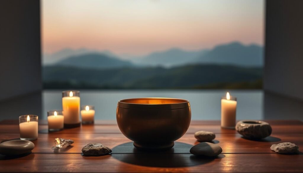 A serene, dimly lit studio with a hand-crafted singing bowl at the center, radiating a warm, golden glow. The bowl sits on a polished wooden table, surrounded by natural elements like smooth river stones and delicate quartz crystals. Soft, diffused lighting from candles and a single overhead spotlight create a tranquil, meditative atmosphere. In the background, a blurred, calming landscape of rolling hills and a distant, hazy horizon. The camera angle is slightly elevated, capturing the scene from an introspective, calming perspective, inviting the viewer to engage in a moment of peaceful reflection and sound healing.