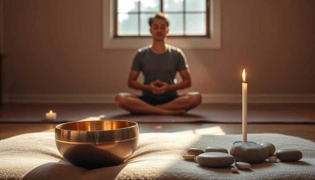 A serene meditation room bathed in soft, warm lighting. In the foreground, a polished bronze singing bowl rests on a plush, earth-toned cushion, its surface gently reflecting the tranquil ambiance. Surrounding the bowl, a scattering of natural elements like smooth river stones, fragrant incense, and a single, minimalist candle flame. In the middle ground, a person sits cross-legged, their eyes closed in deep contemplation, hands resting lightly on their knees. The background features a simple, calming palette of muted tones, perhaps a neutral-colored wall or a view of a peaceful outdoor scene through a window. An atmosphere of profound stillness and introspection pervades the entire scene.