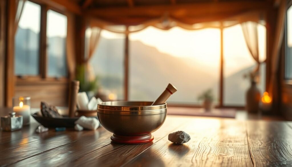 A serene meditation room with warm, soft lighting. In the center, a small singing bowl rests on a wooden table, its gleaming surface reflecting the gentle glow. Surrounding the bowl, an arrangement of crystals, sage, and other healing elements creates a tranquil, sacred atmosphere. The background features a blurred, calming landscape - perhaps a mountainside or a serene garden - inviting the viewer to let go of their worries and focus on the present moment. The overall mood is one of introspection, emotional healing, and a deep sense of peace.