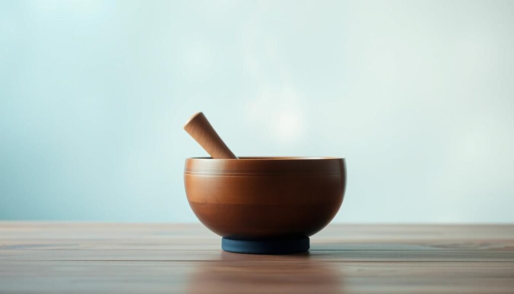 A serene meditation space with a wooden singing bowl at the center, emitting gentle vibrations and soft light. The background is a calming gradient of soothing blues and greens, evoking a sense of tranquility. The lighting is soft and diffused, creating a peaceful atmosphere. The camera angle is slightly elevated, allowing the viewer to observe the meditation practice from a contemplative perspective. The overall scene conveys a sense of harmony and a mindful release of negative emotions.