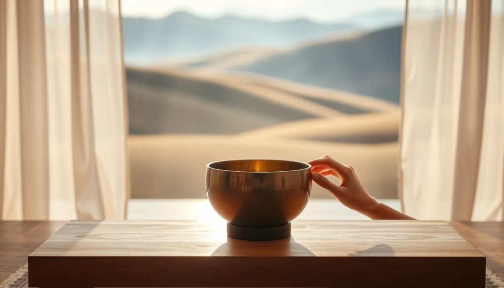 A serene meditation space with a wooden table, upon which rests a gleaming singing bowl. Soft, natural lighting filters through sheer curtains, casting a warm, calming glow. In the foreground, hands gently caress the bowl, coaxing forth a soothing, resonant tone that fills the air. The background features a minimalist, zen-inspired landscape with rolling hills and a distant, mist-shrouded horizon, evoking a sense of tranquility and inner reflection. The overall scene radiates a sense of mindfulness, inviting the viewer to pause, breathe, and find solace in the present moment.