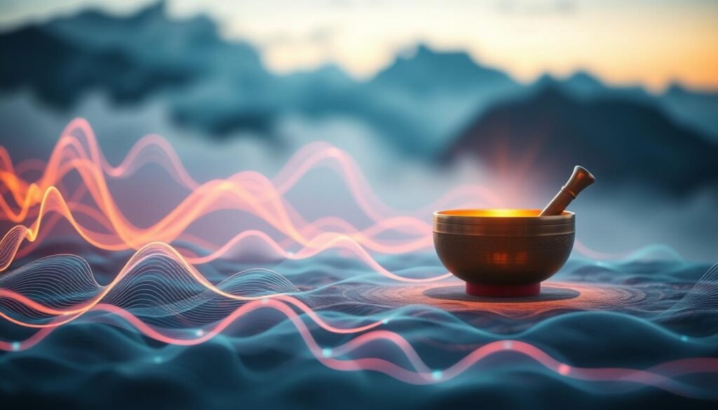 A serene, meditative scene of brain waves and sound therapy. In the foreground, intricate patterns of pulsing, neon-hued brain wave activity, visualized as sweeping lines and fractal formations. In the middle ground, a Tibetan singing bowl rests, glowing with a warm, golden light, its vibrations visible as rippling sound waves. The background depicts a softly blurred, dreamlike landscape, with mist-shrouded mountains and a soothing, indigo-tinted sky. Soft, diffuse lighting casts a calming, introspective atmosphere, inviting the viewer to find solace and restoration in the harmony of the mind and sound.