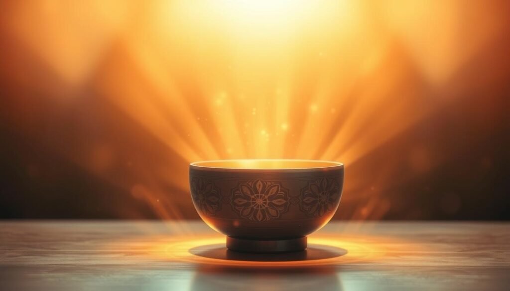 A serene, meditative scene of glowing, prismatic vibrations emanating from a Tibetan singing bowl. The bowl sits on a smooth, polished wood surface, surrounded by a halo of warm, pulsing light. Soft, diffused rays of light from an unseen source bathe the scene in a soothing, therapeutic glow. The vibrations visually manifest as intricate, kaleidoscopic patterns of light, swirling and undulating with a calming, hypnotic rhythm. The overall atmosphere evokes a profound sense of inner peace, healing, and personal transformation.