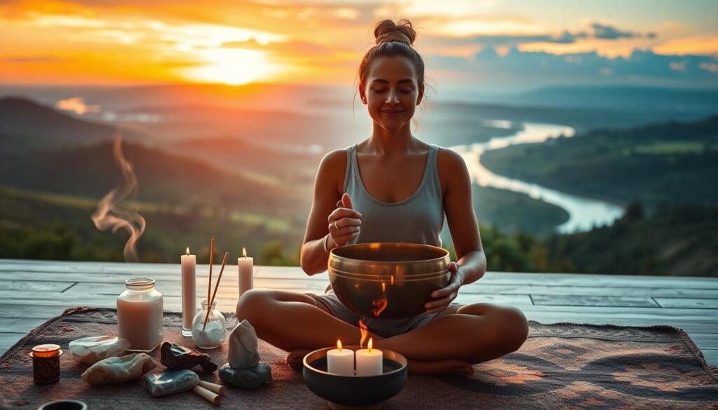 A serene, meditative scene showcasing the benefits of sound healing. In the foreground, a person sits cross-legged, holding a singing bowl, their expression one of deep focus and inner peace. The middle ground features an array of healing crystals, incense, and other sound therapy tools, bathed in a soft, warm glow. In the background, a tranquil landscape unfolds, with rolling hills, a calming river, and a vibrant, sunset sky. The overall atmosphere evokes a sense of balance, harmony, and the profound healing power of sound.