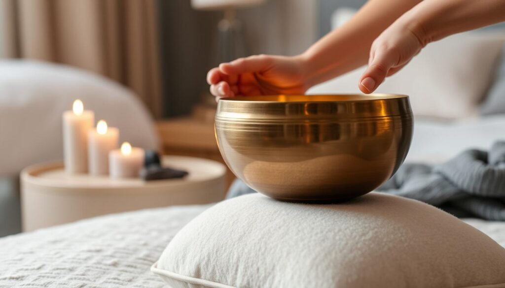 A serene scene of a person's hands gently striking a bronze singing bowl, creating a mesmerizing sound wave that fills the frame. The bowl is positioned on a soft, plush cushion in the foreground, casting a warm, golden glow. In the middle ground, a minimalist bedside table with a few calming crystals and a candle, illuminating the peaceful atmosphere. The background is a blurred, tranquil bedroom setting, with muted tones and soft lighting, conveying a sense of tranquility and relaxation. The overall composition evokes a calming, meditative mood, perfectly suited for illustrating techniques for using singing bowls to achieve better sleep.