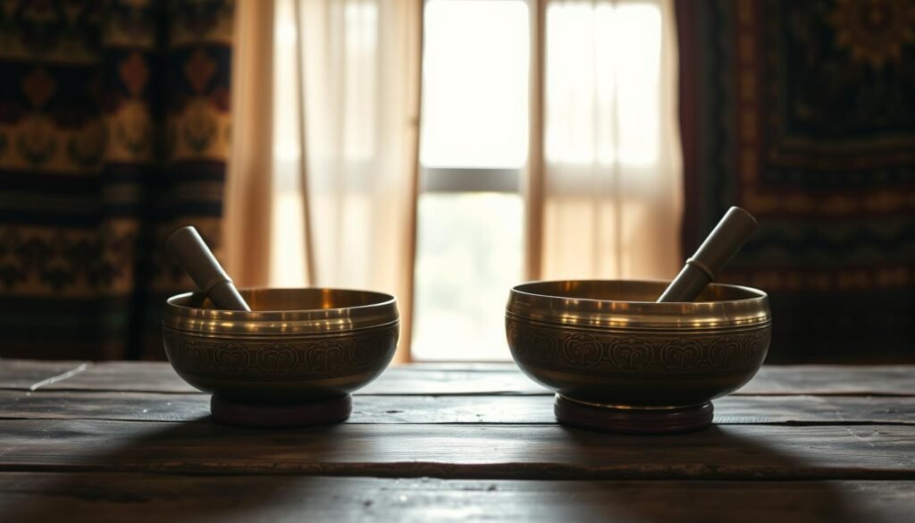 A serene scene of antique Tibetan singing bowls resting upon a weathered wooden table. The bowls, crafted from bronze and adorned with intricate patterns, catch the soft, warm light filtering through a window. In the background, a velvety, muted palette of traditional Tibetan fabrics and tapestries creates a sense of timeless, meditative tranquility. The composition is balanced, with the bowls occupying the foreground, inviting the viewer to explore their history and the ancient practices they represent. The image conveys a calming, restorative atmosphere, reflecting the healing power of these sacred instruments.