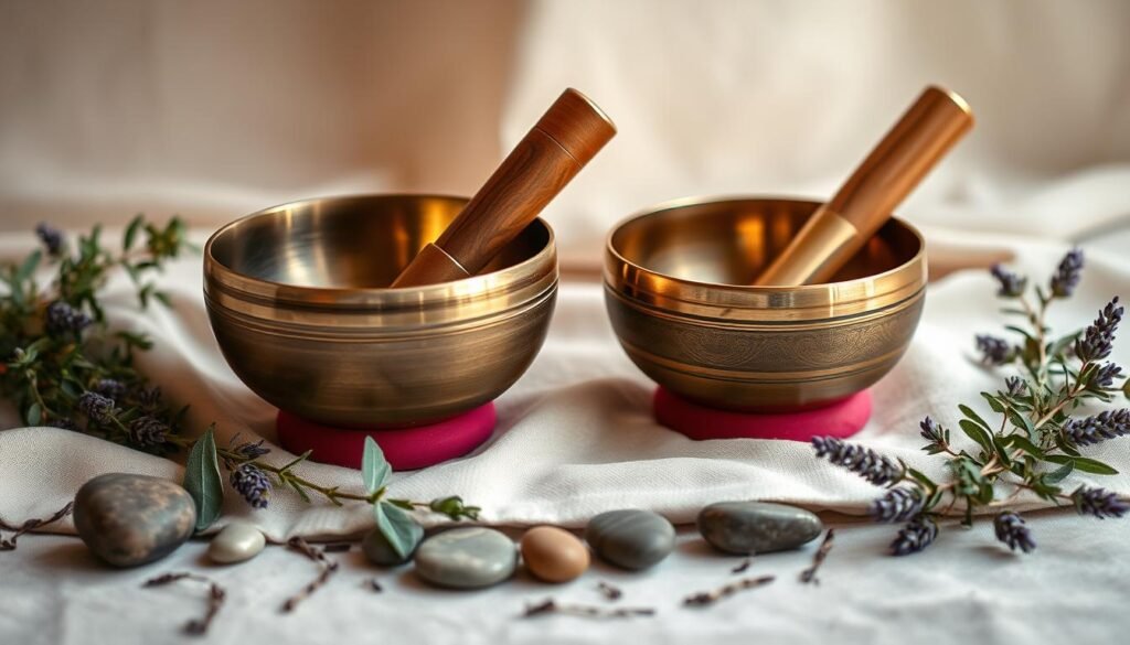 A serene still life arrangement featuring two Tibetan singing bowls of varying sizes, their surfaces gently reflecting the warm, diffused lighting. The bowls are placed on a soft, neutral-toned fabric, surrounded by a scattering of natural elements like river stones, sage leaves, and a few sprigs of lavender. The overall composition conveys a sense of tranquility and invites the viewer to experience the calming, meditative properties of these traditional instruments. The image is captured with a shallow depth of field, gently blurring the background to maintain focus on the central objects.