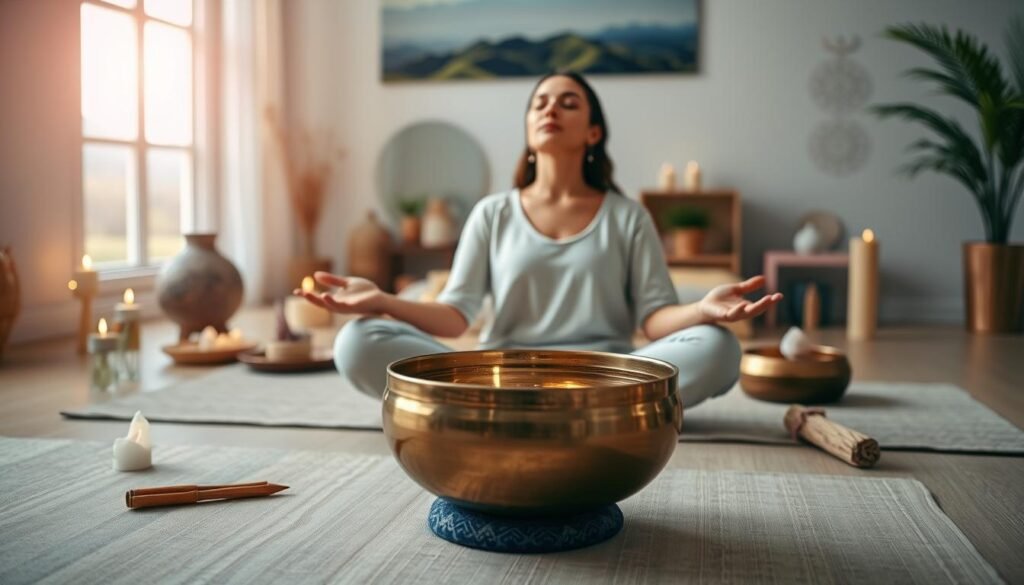 A serene studio filled with natural light, calming tones, and the tranquil presence of a singing bowl. In the foreground, a person sits cross-legged, palms open, eyes closed, as they bask in the soothing vibrations emitted from the bronze bowl before them. The middle ground features an array of crystals, incense, and other sacred objects, creating a welcoming and restorative atmosphere. The background depicts a softly blurred landscape, hinting at the connection between the inner and outer worlds. Soft, diffused lighting illuminates the scene, evoking a sense of peace and emotional wellness. The overall composition conveys the power of sound therapy to promote mindfulness, healing, and emotional balance.