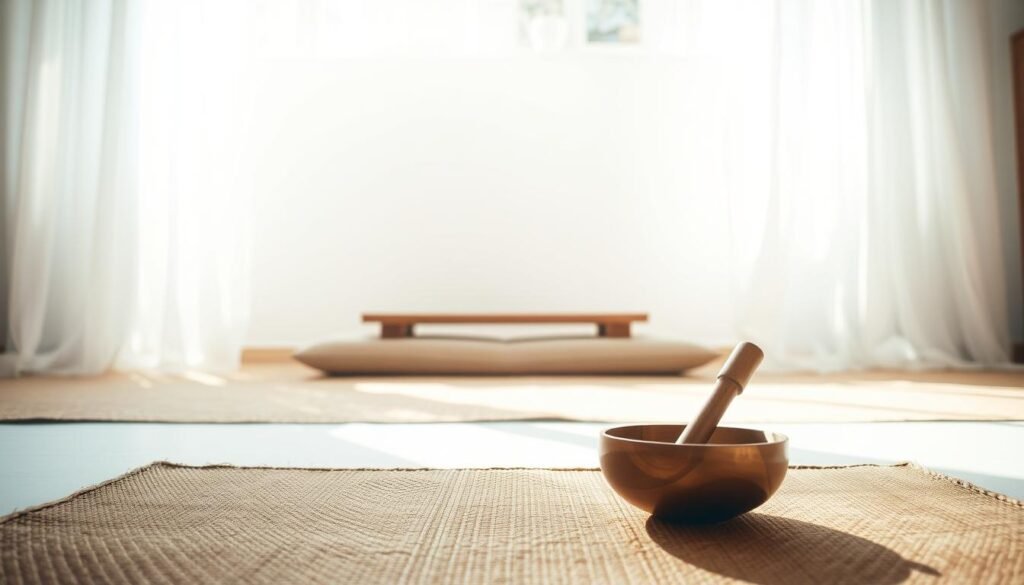 A serene, sunlit meditation space with a wooden singing bowl in the foreground, resting on a simple, natural-fiber mat. Soft, diffuse lighting filters through sheer curtains, casting a calming glow. In the middle ground, a low wooden bench or cushions invite one to sit in quiet contemplation. The background features a bare, whitewashed wall, allowing the focus to remain on the tranquil setting. An atmosphere of peaceful introspection and mindfulness pervades the scene.