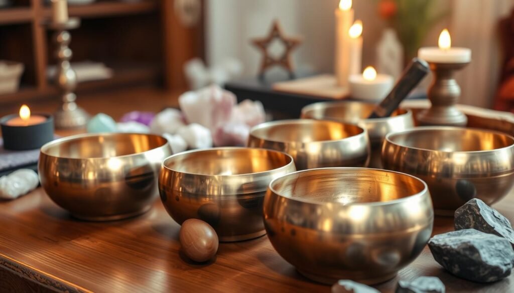 A tranquil arrangement of Tibetan singing bowls, their burnished bronze surfaces reflecting soft, warm lighting. The bowls are placed on a wooden surface, surrounded by crystals, incense, and other natural elements associated with energy healing. The scene exudes a soothing, meditative atmosphere, inviting the viewer to experience the calming resonance of the bowls' harmonious tones. The camera angle is slightly elevated, providing a visually pleasing, balanced composition that highlights the intricate details and the serene, contemplative mood of the setup.