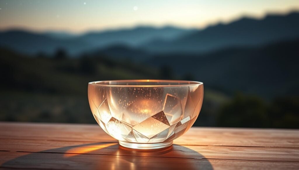 A tranquil crystal singing bowl gently resting on a wooden table, casting a warm, soft glow. The bowl's surface reflects the delicate lighting, its crystalline facets shimmering as if alive. In the background, a serene landscape of rolling hills and a clear, starry sky, creating a calming, meditative atmosphere. The scene is captured through a lens with a shallow depth of field, drawing the viewer's attention to the centrally-placed singing bowl and its mesmerizing presence. The overall mood is one of inner peace, inviting the viewer to explore the benefits of sound healing and meditation.