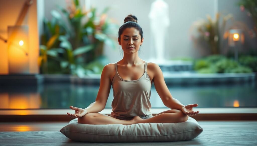 A tranquil scene of a person practicing mindfulness, seated cross-legged on a plush meditation cushion. Warm, soft lighting gently illuminates the serene expression on their face, conveying a sense of inner peace and focus. In the background, a blurred view of a lush, verdant garden or calming water feature sets a serene, nature-inspired atmosphere. The composition is balanced, with a clean, minimalist aesthetic that evokes a soothing, contemplative mood. The image captures the essence of a calming, restorative meditation practice.