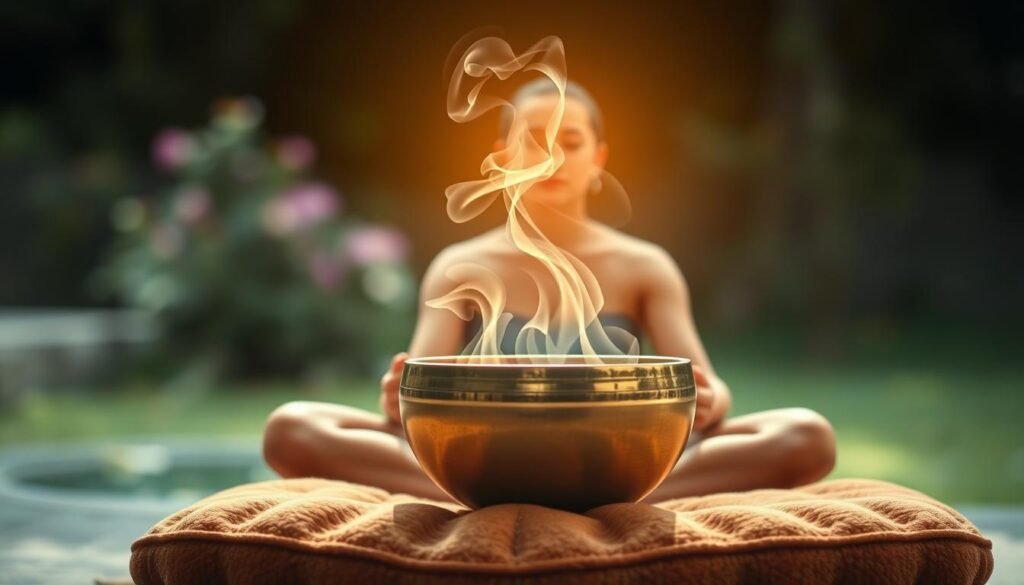 A tranquil scene of a singing bowl meditation for emotional healing. In the foreground, a person sits cross-legged on a plush, earthy-toned meditation cushion, their eyes closed in deep contemplation as they hold a gleaming singing bowl. Soft, warm lighting from an unseen source bathes the scene, casting a serene glow. In the middle ground, wispy, ethereal smoke or mist curls up from the singing bowl, symbolizing the release of negative emotions. The background is blurred and hazy, suggesting a peaceful, secluded space, perhaps a garden or meditation sanctuary. The overall atmosphere is one of profound calm, introspection, and the healing power of sound.