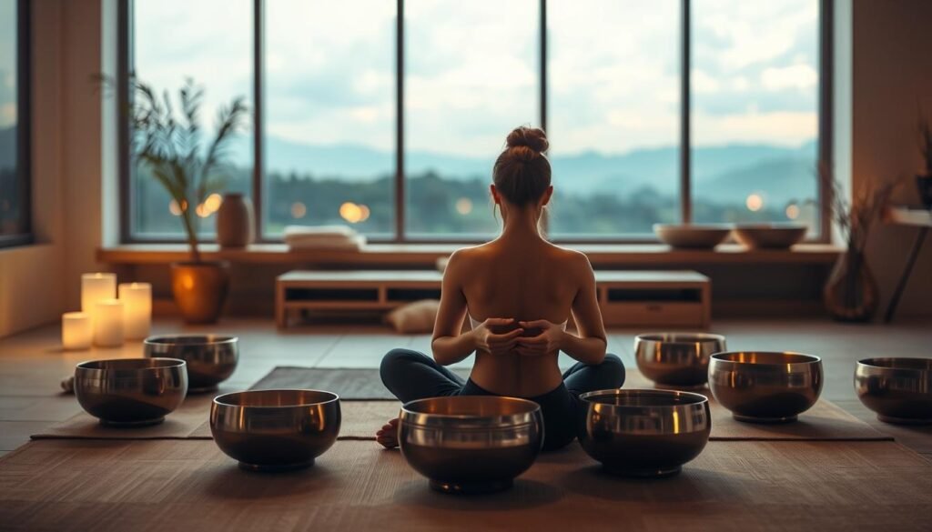A tranquil scene of emotional balance, illuminated by the warm glow of a meditation space. In the foreground, a person sits cross-legged, hands resting gently on their lap, eyes closed in deep contemplation. Surrounding them, an array of singing bowls, their metallic surfaces reflecting the soft lighting. The middle ground features a minimalist, Zen-inspired decor, with natural materials and muted tones creating a soothing ambiance. In the background, a panoramic window offers a view of a serene, nature-inspired landscape, hinting at the harmony between the inner and outer worlds. The overall atmosphere conveys a sense of inner peace, balance, and the calming effects of sound therapy.
