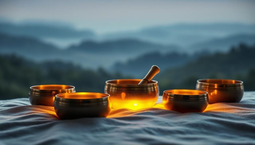 A tranquil scene of glowing singing bowls resting on a soft, textured surface. The bowls emit a warm, soothing glow, casting a calming light throughout the frame. In the background, a serene landscape with a hazy, dreamlike quality, perhaps a starry night sky or a misty forest. The overall atmosphere is one of deep relaxation and inner peace, inviting the viewer to become immersed in the meditative experience. Soft, diffused lighting highlights the intricate details of the singing bowls, their metallic surfaces reflecting the gentle illumination. The composition is balanced and harmonious, guiding the eye towards the mesmerizing bowls at the center.