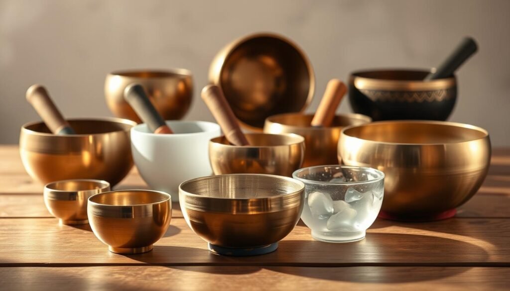 A tranquil still life scene of an array of singing bowls of various sizes and materials, including bronze, crystal, and Tibetan-style bowls, arranged on a wooden surface. The bowls are bathed in soft, warm lighting, casting gentle shadows and highlights that accentuate their smooth, resonant forms. The background is a muted, soothing palette, creating a calming, meditative atmosphere, inviting the viewer to imagine the soothing tones and vibrations that would emanate from these sacred instruments, promising a deeply relaxing and restorative experience.