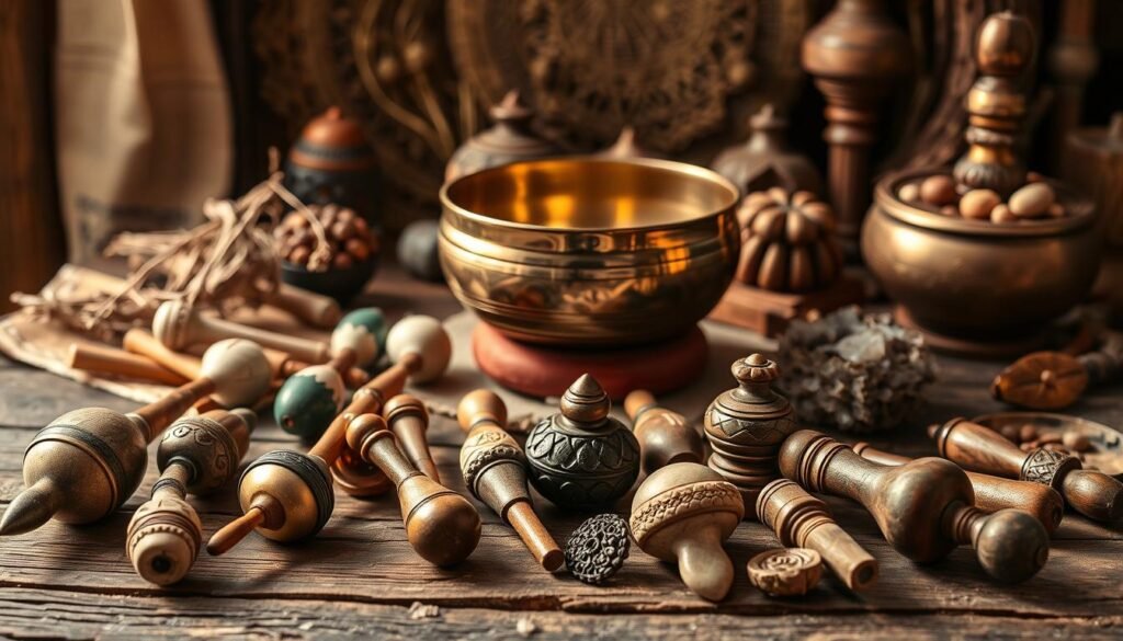 Antique healing tools arranged on a weathered wooden table, bathed in warm, natural lighting. In the foreground, a collection of carved stone, bone, and wooden instruments - ancient shamanic rattles, jade chimes, and intricate amulets. In the middle ground, the polished brass surface of a Tibetan singing bowl reflects the soft light, its melodic resonance palpable. Surrounding these artifacts, a backdrop of earthy textiles, dried herbs, and earthy crystals, evoking the timeless wisdom of traditional healing practices. An atmosphere of tranquility and contemplation pervades the scene, inviting the viewer to connect with the timeless, restorative power of these sacred tools.