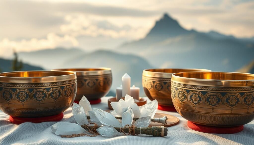 Intricate Tibetan singing bowls sit prominently in the foreground, their bronze surfaces reflecting soft, warm lighting. In the middle ground, the bowls are surrounded by delicate crystals, sage, and other natural healing elements, creating a calming, meditative atmosphere. The background features a tranquil mountain landscape, with mist-shrouded peaks and a serene sky, evoking a sense of spiritual connection and restorative energy. The overall composition conveys the soothing, restorative power of these ancient tools for trauma healing, inviting the viewer to experience their therapeutic resonance.