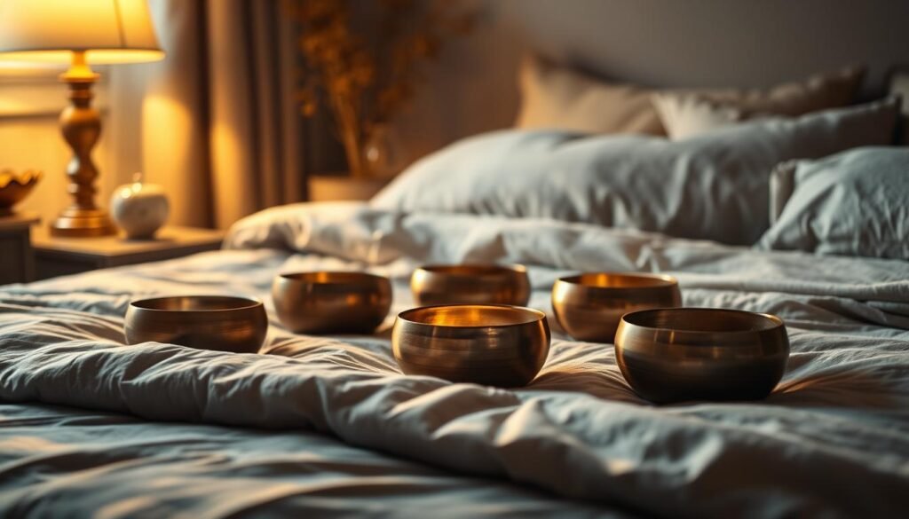 Peaceful Tibetan singing bowls resting on a soft, lush bedding in a dimly lit bedroom. Warm, golden light from a table lamp creates a tranquil atmosphere, casting gentle shadows. The bowls are arranged in a harmonious, meditative layout, their surfaces reflecting the soothing glow. Soft, muted textures of the bedding and surrounding decor evoke a sense of comfort and relaxation. The scene exudes a calming, restorative energy, perfectly capturing the essence of a Tibetan singing bowl sleep meditation for soothing insomnia.