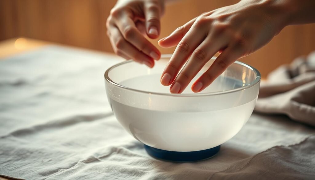 A close-up view of a person's hands gently striking and caressing the rim of a crystal singing bowl, creating soothing, ethereal vibrations. The bowl is situated on a tranquil, minimalist surface, perhaps a wooden table or a soft, neutral-colored cloth. Warm, diffused lighting casts a serene glow, evoking a sense of relaxation and mindfulness. The scene captures the meditative, calming nature of this sound bowl technique, which is known to help alleviate insomnia and promote deep sleep.
