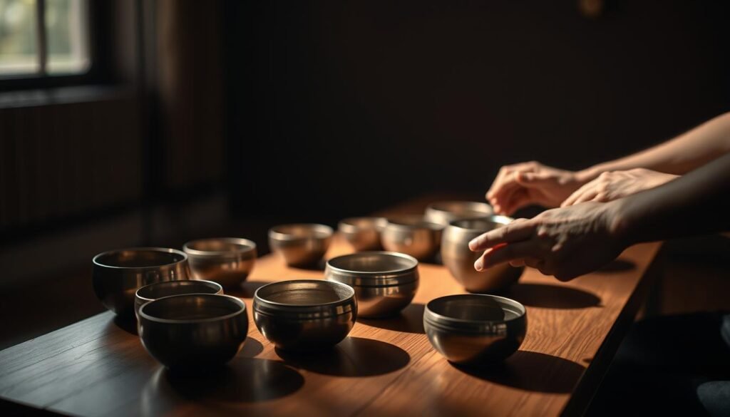A dimly lit room with a tranquil atmosphere, focused on a wooden table displaying an assortment of singing bowls in various sizes and materials. The bowls are arranged in a harmonious pattern, casting gentle shadows on the table's surface. A person's hands are gently striking the bowls, producing a soothing, meditative soundscape that fills the space. Soft, warm lighting illuminates the scene, creating a calming, introspective mood. The image conveys a sense of relaxation, mindfulness, and the therapeutic power of sound bowls.