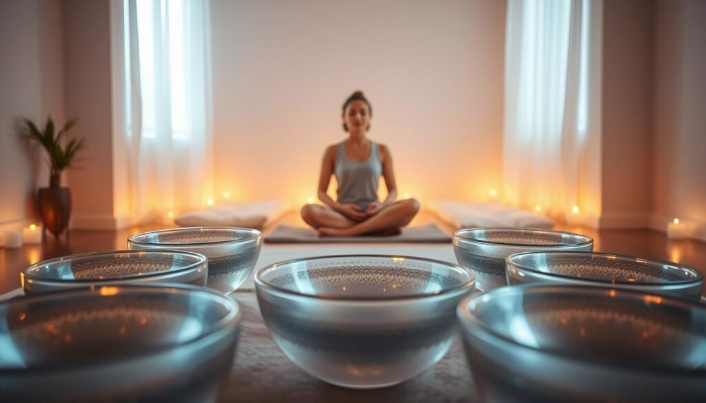 A peaceful room bathed in soft, warm lighting. In the foreground, a collection of crystal singing bowls arranged with care, their surfaces gleaming. Gentle waves of sound ripple through the air, creating a soothing, meditative atmosphere. In the middle ground, a person sits cross-legged, eyes closed, fully immersed in the healing vibrations. The background is a serene, minimalist space, with clean lines and muted tones, allowing the focus to remain on the sound therapy experience. The overall scene conveys a sense of tranquility, balance, and the restorative power of sound for sleep and well-being.