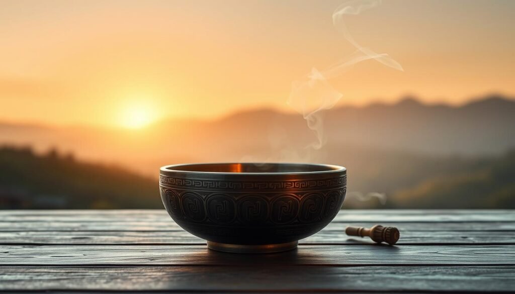 A serene Tibetan bowl resting on a wooden table, surrounded by calming natural elements. Soft, diffused lighting casts a warm, therapeutic glow, evoking a sense of balance and tranquility. In the background, a muted landscape of rolling hills and distant mountains, hinting at the ancient Tibetan traditions. The bowl's intricate design and metallic sheen reflect the harmonious interplay of yin and yang, symbolizing the restoration of hormonal equilibrium. Wisps of fragrant incense drift through the air, creating an immersive, meditative atmosphere. The overall scene conveys the restorative power of Tibetan bowl therapy, inviting the viewer to experience its calming effects.